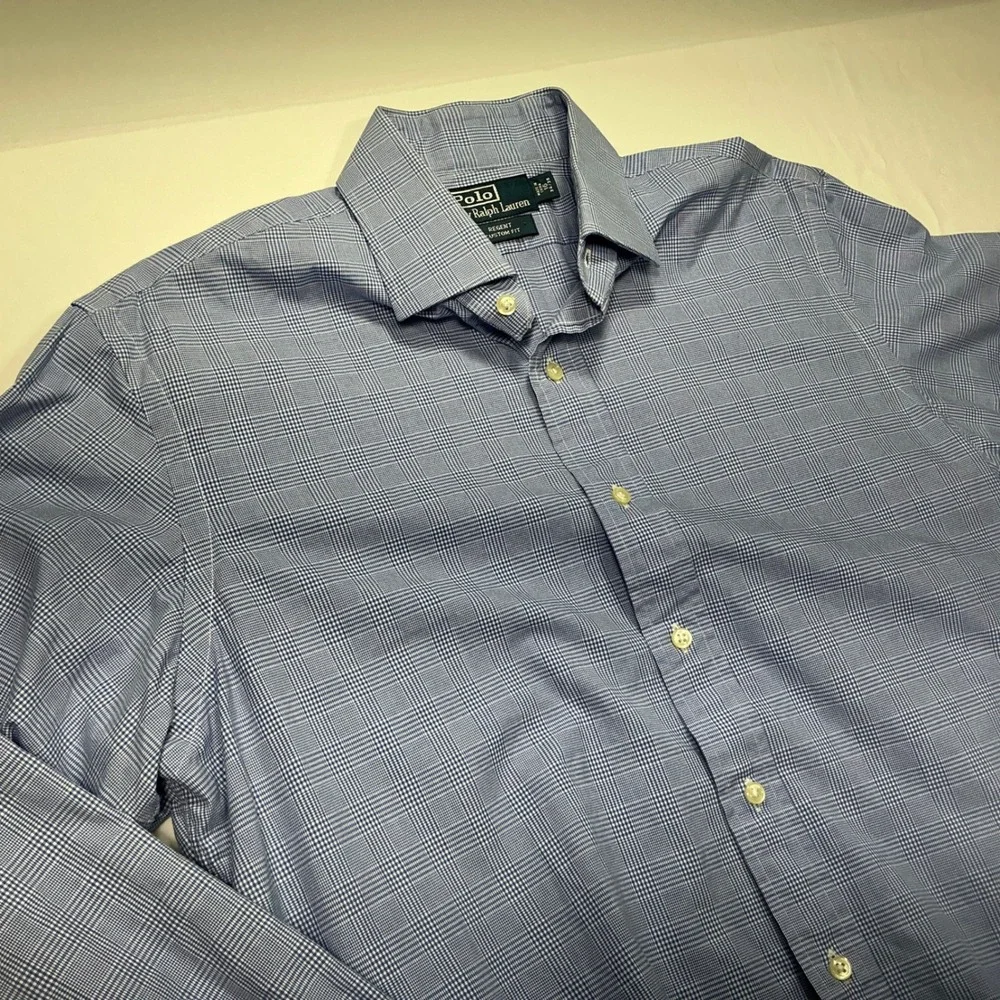 Polo by Ralph Lauren Regent Custom Fit Plaid Dress Shirt Blue Mens Size‎ 16-34